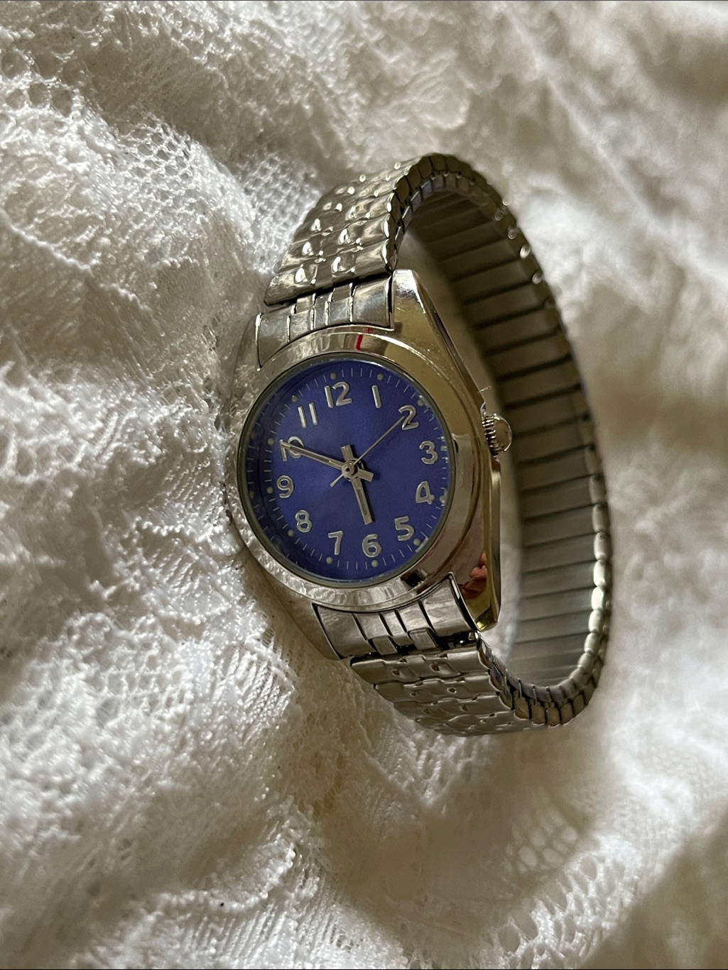 Silver Stainless Steel Watch With Blue Dial